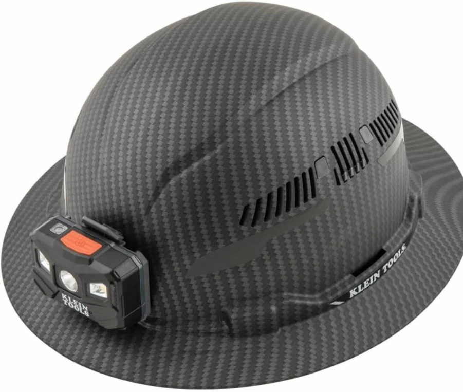 Klein Tools 60347 Vented Full Brim Hard Hat with Rechargeable Lamp, Class C Safety Helmet, Padded Sweatband & Top Pad, Carbon Pattern Design