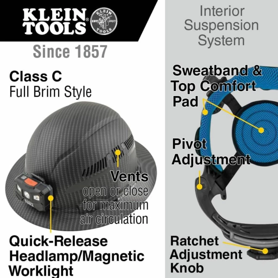 Klein Tools 60347 Vented Full Brim Hard Hat with Rechargeable Lamp, Class C Safety Helmet, Padded Sweatband & Top Pad, Carbon Pattern Design