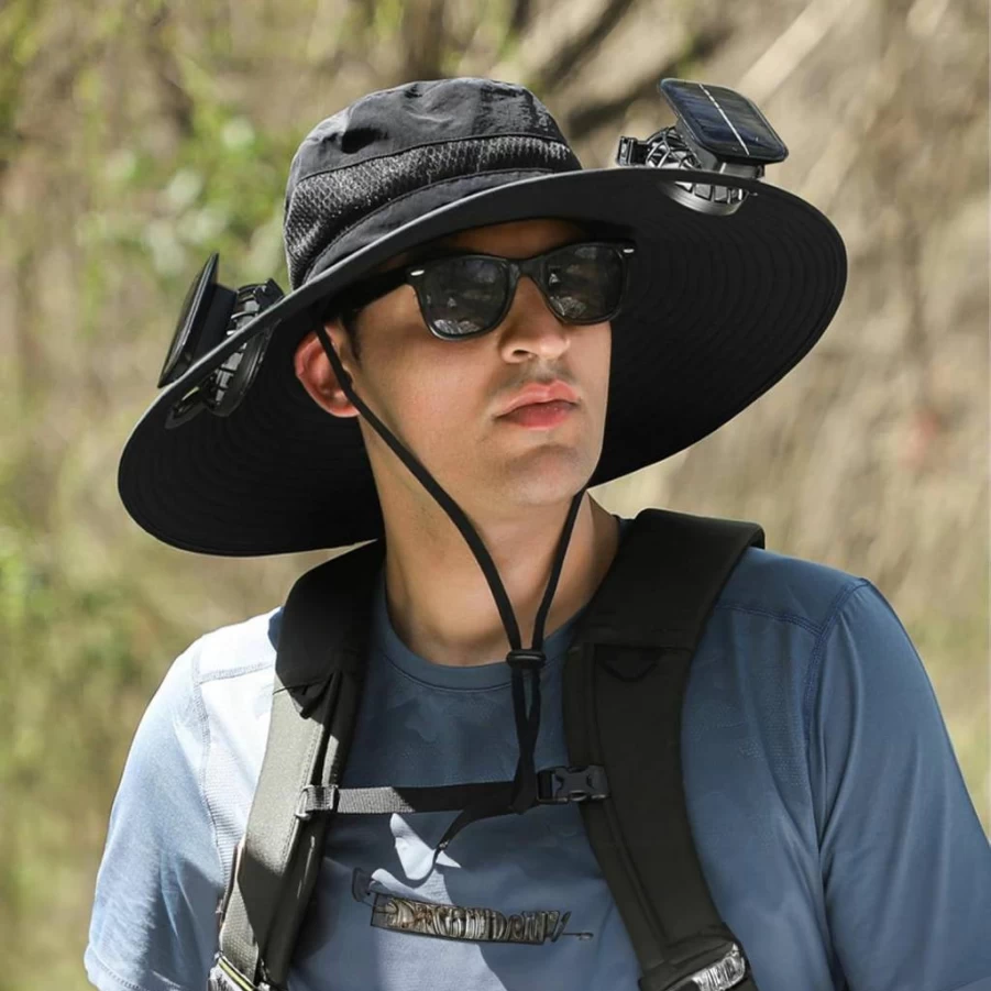 Xakava UPF 50+ Solar Fan Bucket Hat for Men & Women - Wide Brim Sun Hat with Built-in Fan for Outdoor, Fishing & Beach