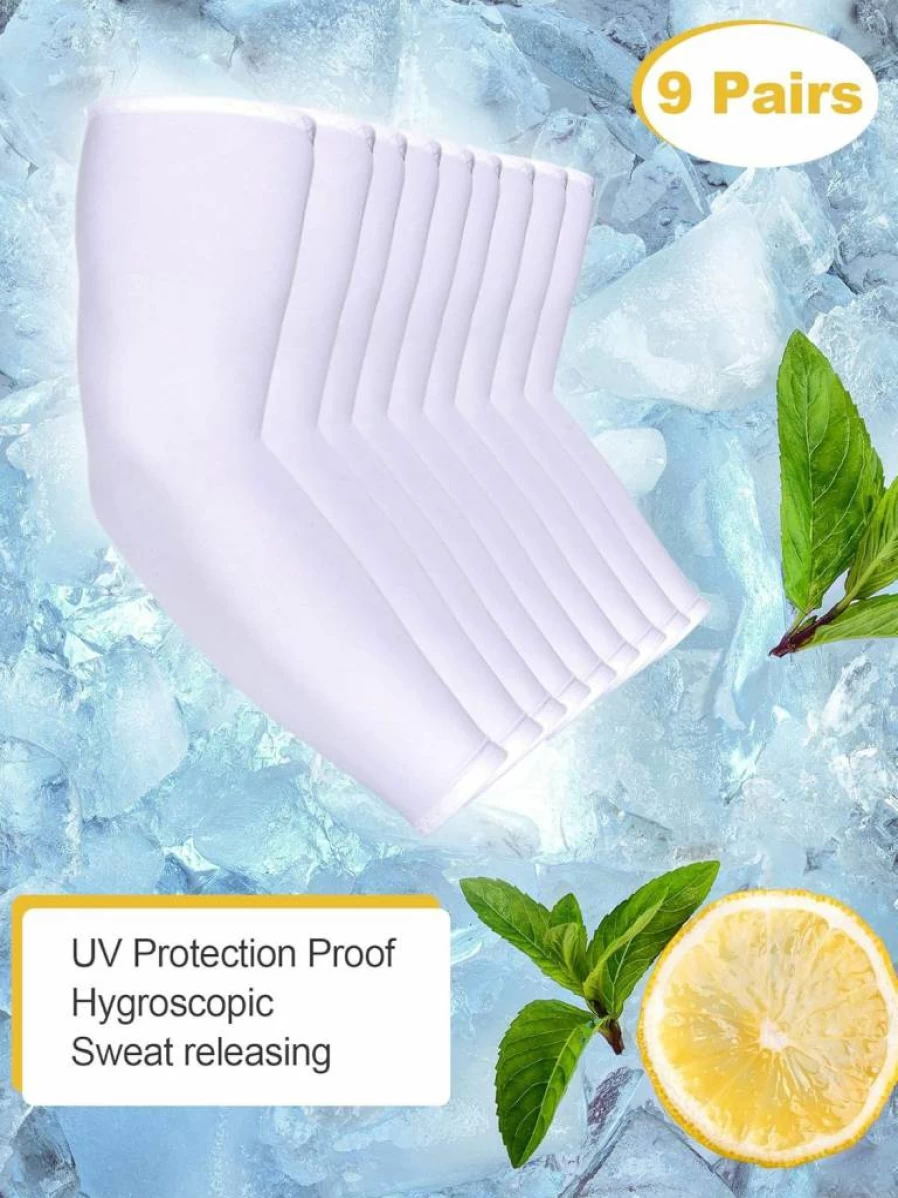 Mudder 9 Pairs Unisex UV Protection Arm Sleeves - Cooling Ice Silk Sun sleeves for Men & Women, Breathable White Arm Covers for Sunscreen & Outdoor Sports