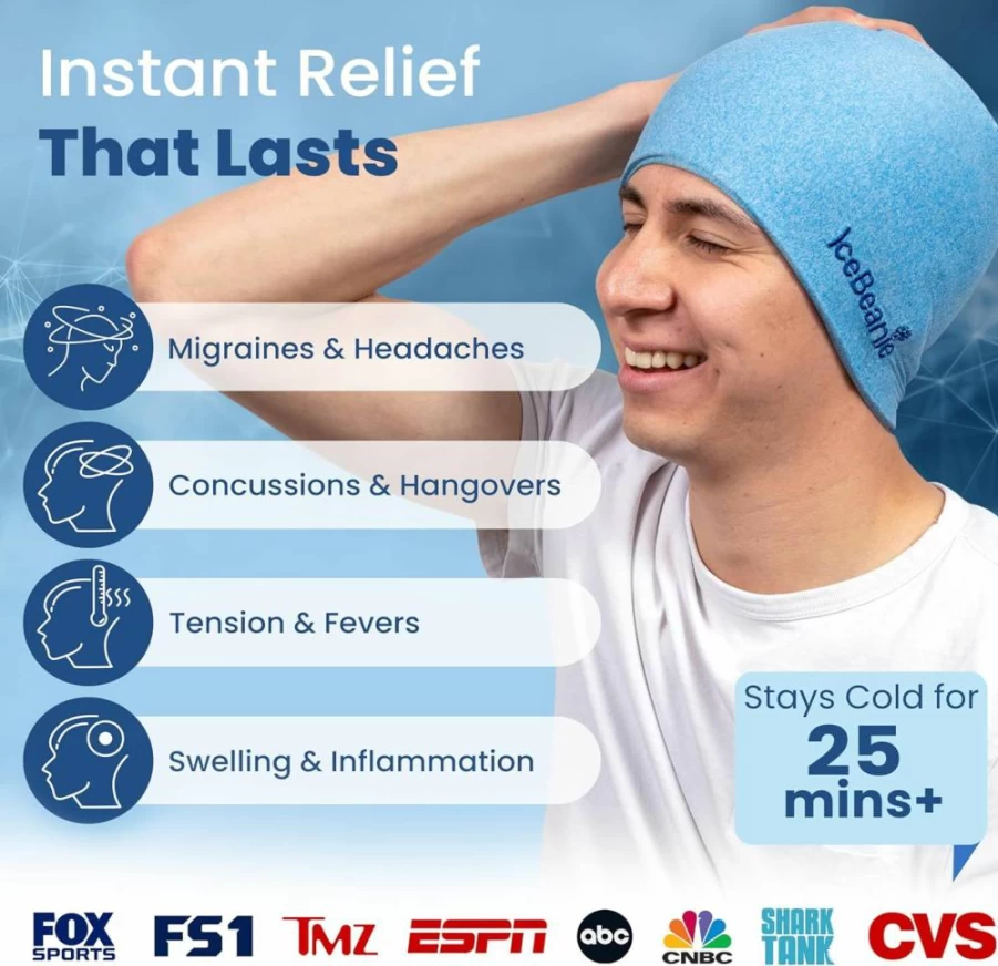 IceBeanie Migraine Relief Cap – Cooling Gel Headache Hat, Stretchy Cold Therapy Mask for Tension & Hangover Relief, As Seen on Shark Tank