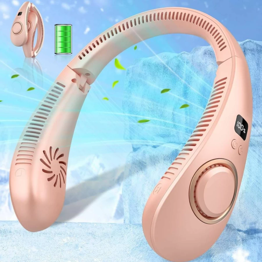 DUOLZ Bladeless Neck Fan with Cold Air, Rechargeable Portable Personal Fan, Hands-Free Foldable Design, Ideal Gift for Mother's Day, Father's Day, Birthday - Pink