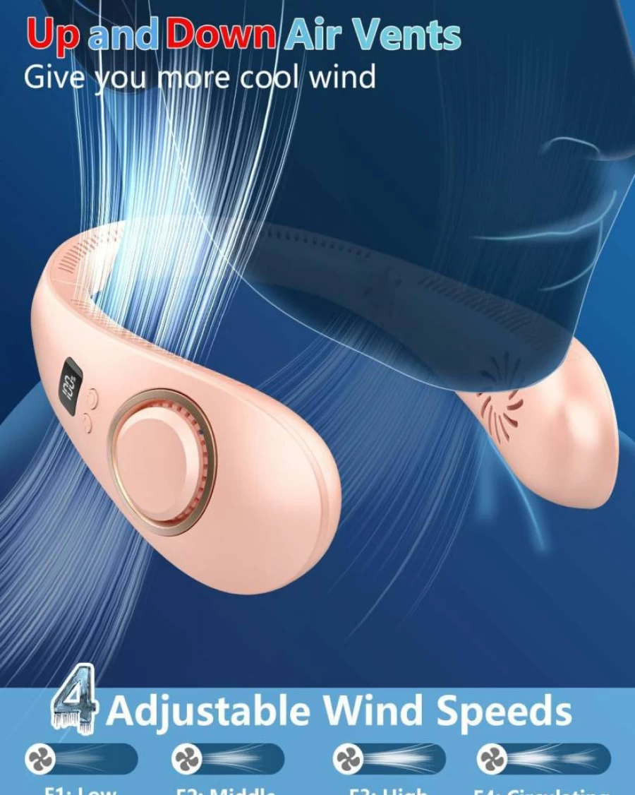 DUOLZ Bladeless Neck Fan with Cold Air, Rechargeable Portable Personal Fan, Hands-Free Foldable Design, Ideal Gift for Mother's Day, Father's Day, Birthday - Pink