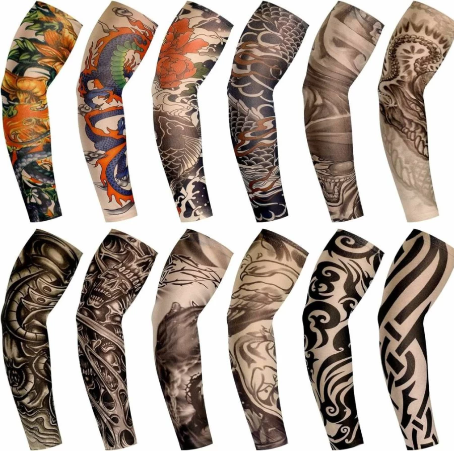 Geyoga 12-Pack Realistic Fake Tattoo Sleeves for Men & Women - Stretchable UV Protection Arm Covers for Work Plus Size