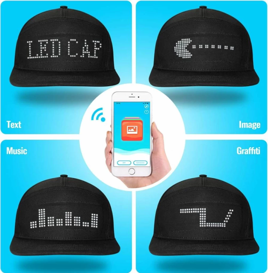 LIOVODE Bluetooth LED Hat - Customizable Message Light Up Cap for Parties, Events, Night Out - Adjustable Black LED Cap with App Control