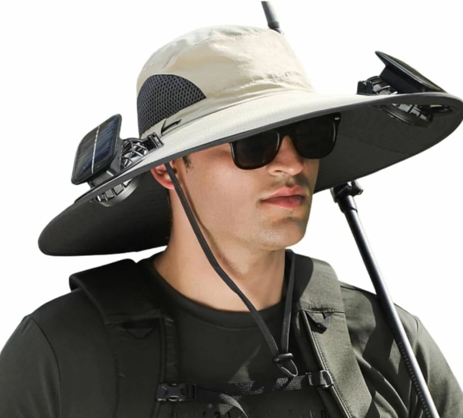 Muzuja Solar & USB Charging Fishing Hat with Built-in Fan, Wide Brim Outdoor Sun Hat for Men Women, Lightweight Breathable Summer Cap
