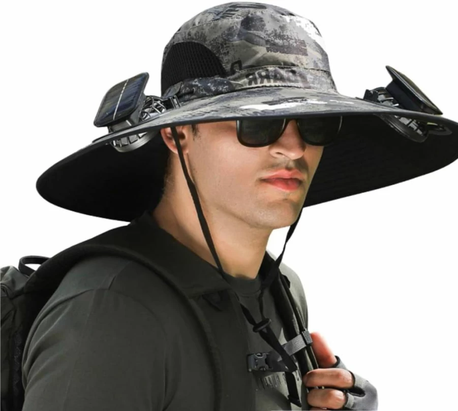 Muzuja Solar & USB Charging Fishing Hat with Built-in Fan, Wide Brim Outdoor Sun Hat for Men Women, Lightweight Breathable Summer Cap