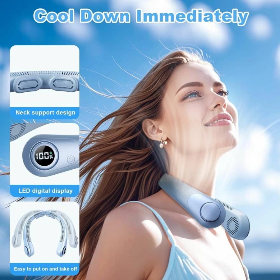 CRISLEX Portable Neck Fan with Bladeless Cooling, 5 Speed LED Display, Rechargeable Hands-Free Wearable Fan for Men & Women, Travel, Hot Flashes Relief, Lightweight Neck Air Conditioner Gift