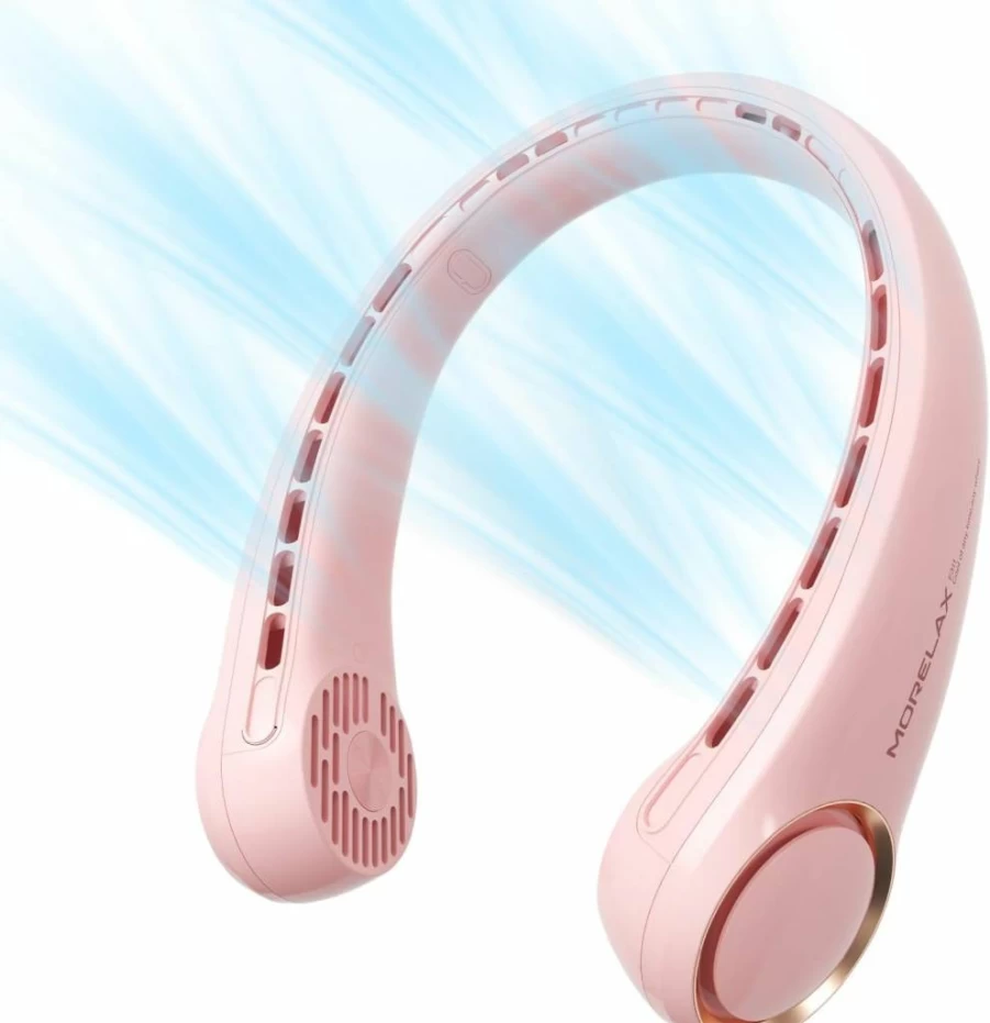 Morelax Pink USB Rechargeable Neck Fan - 3-Speed Adjustable, 360° Noiseless Cooling, No Blade Safe Design, Portable Personal Fan for Home Office Travel