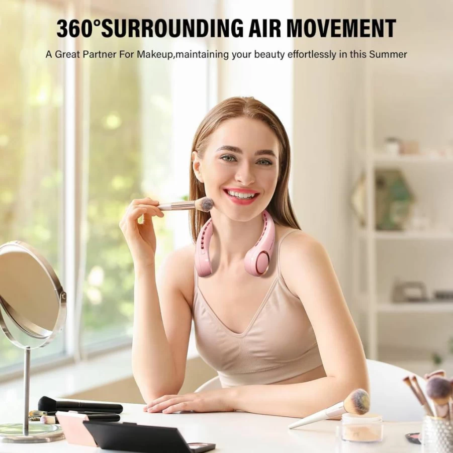 Morelax Pink USB Rechargeable Neck Fan - 3-Speed Adjustable, 360° Noiseless Cooling, No Blade Safe Design, Portable Personal Fan for Home Office Travel