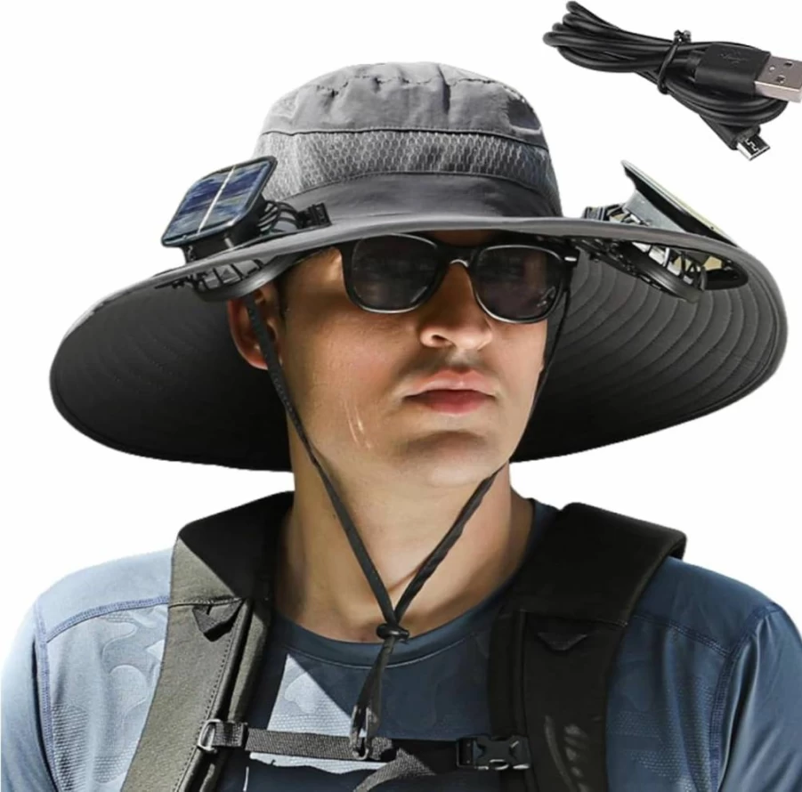 AMIITRY Solar Fan Hat for Men - Wide Brim Sun Hat with Built-in USB Rechargeable Cooling Fans, Waterproof Outdoor Fishing & Hiking Hat, UPF 50+ Sun Protection, Breathable Grey Camping Hat
