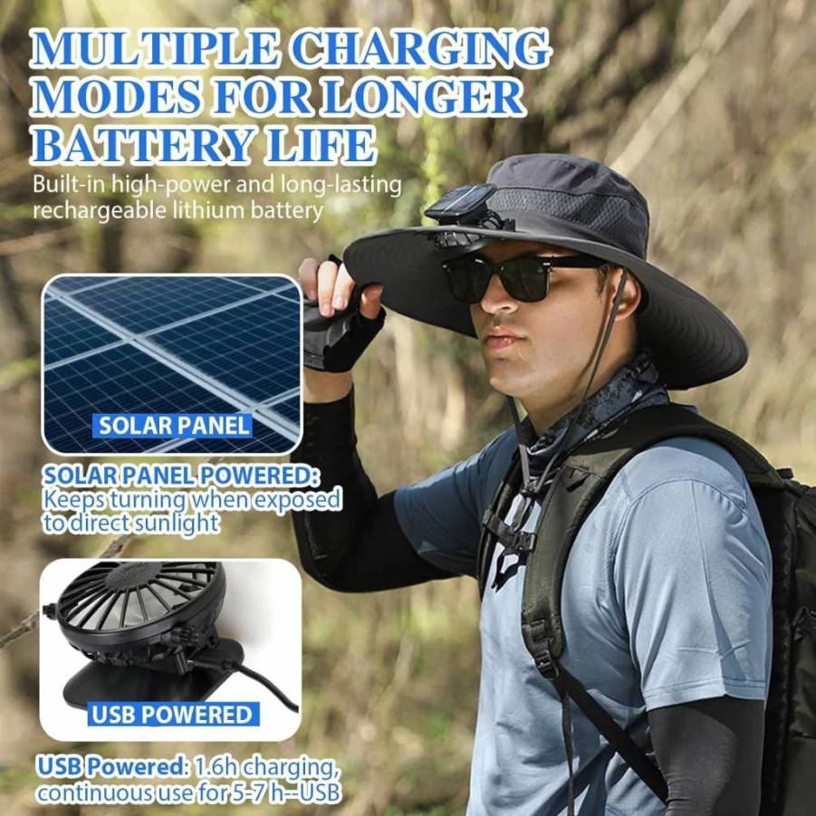 AMIITRY Solar Fan Hat for Men - Wide Brim Sun Hat with Built-in USB Rechargeable Cooling Fans, Waterproof Outdoor Fishing & Hiking Hat, UPF 50+ Sun Protection, Breathable Grey Camping Hat