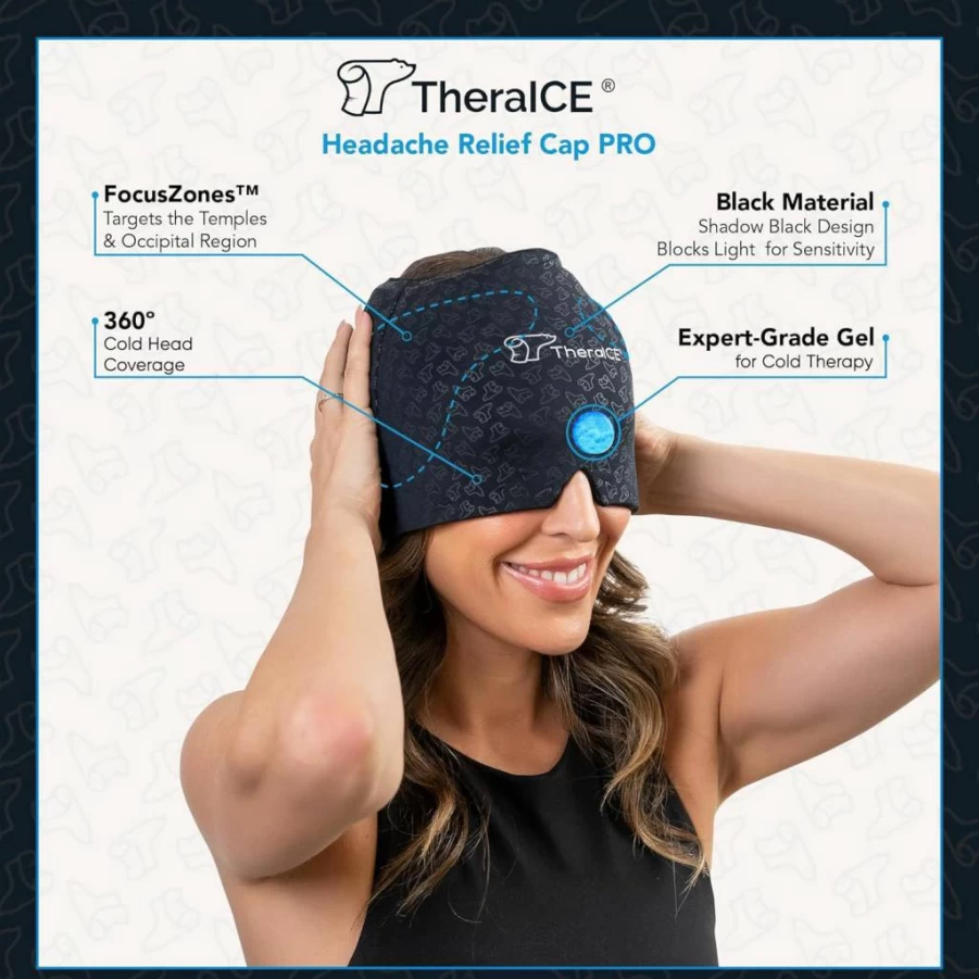 TheraICE Migraine Relief Cap - Cooling Gel Head Wrap for Headache, Stress & Hangover - Reusable Ice Pack Mask for Tension & Soothing Comfort