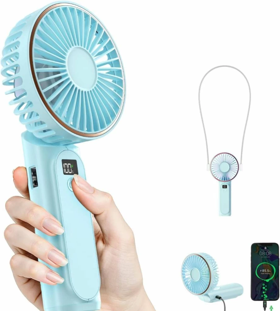 TUNISE Portable Handheld Fan with 4000mAh USB Rechargeable Battery, 6-Speed Adjustable Wind, 180° Foldable Design, Real-Time Power Display for Indoor & Outdoor Use