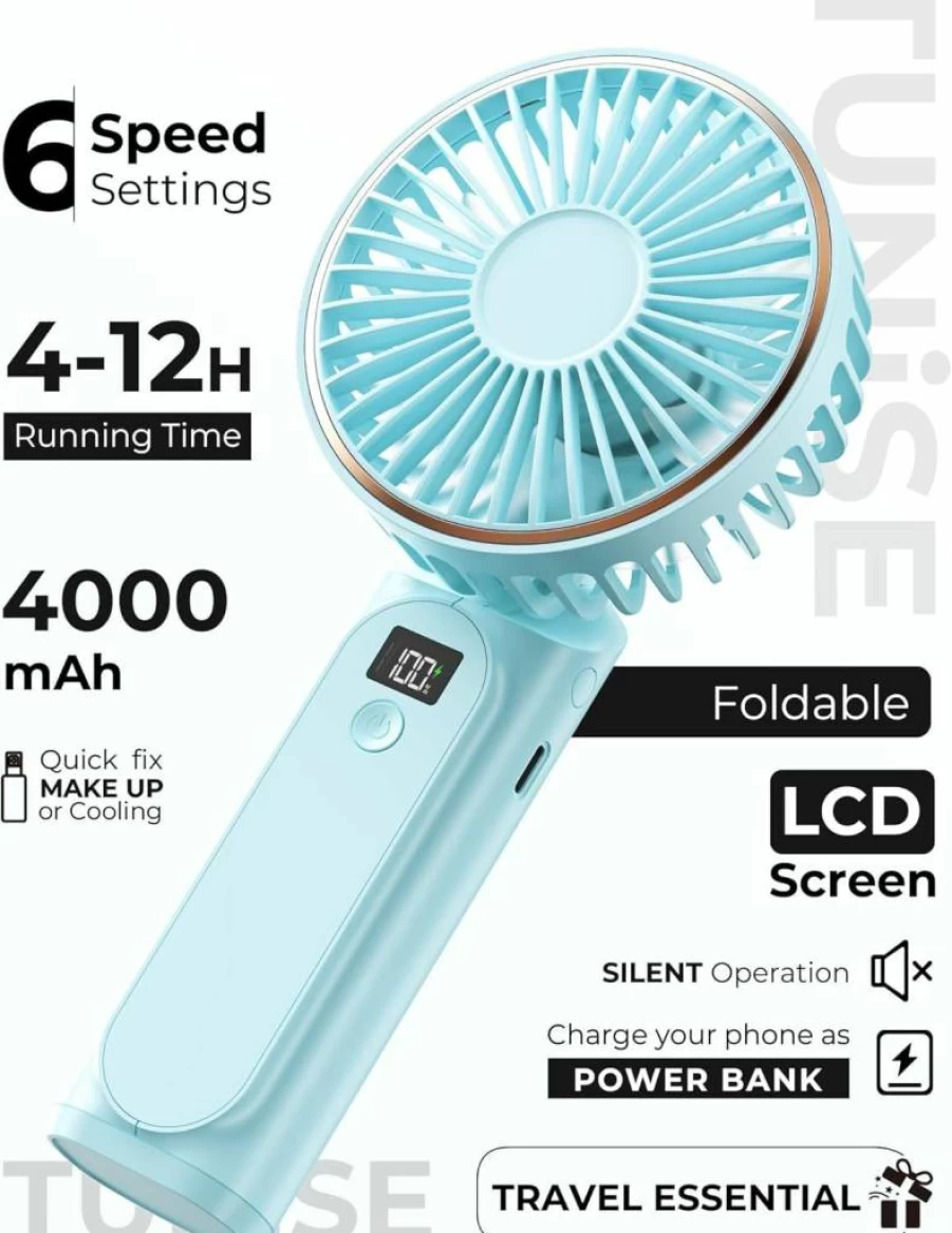 TUNISE Portable Handheld Fan with 4000mAh USB Rechargeable Battery, 6-Speed Adjustable Wind, 180° Foldable Design, Real-Time Power Display for Indoor & Outdoor Use