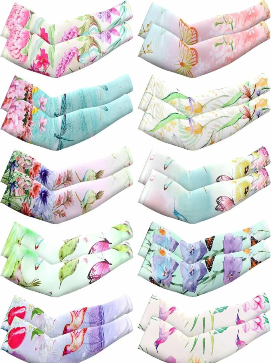 Patelai 10 Pairs Gardening Arm Sleeves for Sun Protection - Cooling UV Resistant Arm Covers for Women & Men, Breathable Farmer Sleeves with Dragonfly Design