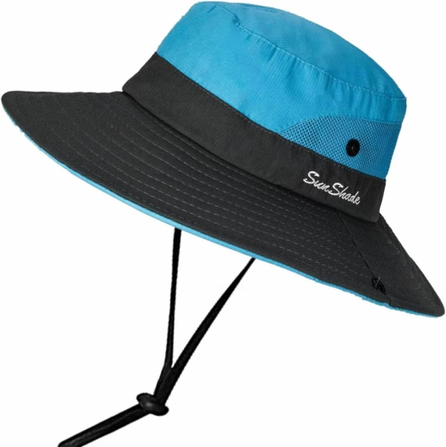 INOGIH Women's Foldable Wide Brim Sun Hat UPF 50+ UV Protection Mesh Beach Hat with Ponytail Hole for Outdoor Fishing Travel