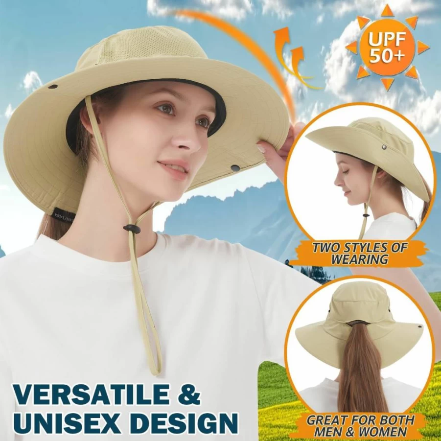 EINSKEY UPF 50+ Sun Hat for Men & Women - Wide Brim Packable Bucket Hat for Fishing, Hiking, Beach, Safari with UV Protection & Ponytail Hole
