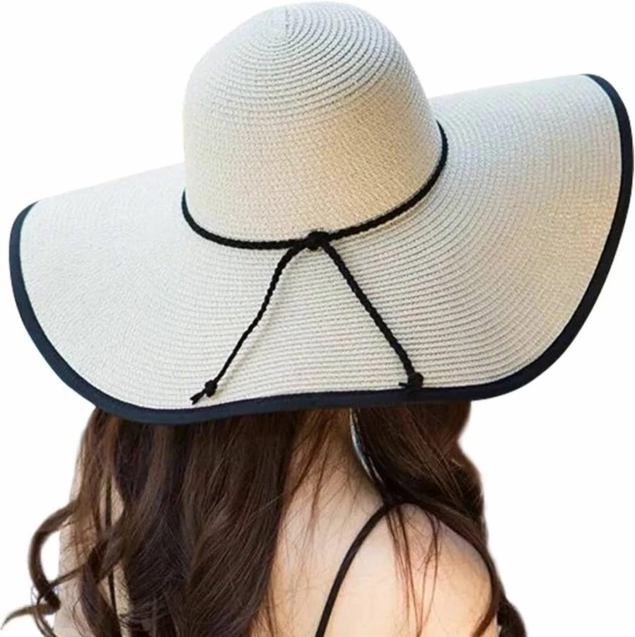 Lanzom Women's UPF 50+ Wide Brim Floppy Straw Hat - Foldable Roll Up Beach Sun Hat for Outdoor Summer Protection