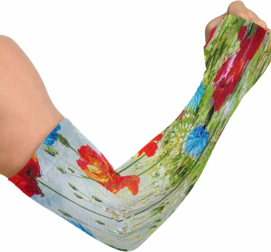Dussdil UV Protection Cooling Arm Sleeves for Gardening & Farming - Spring Poppies Cornflowers Design with Thumb Hole for Men & Women