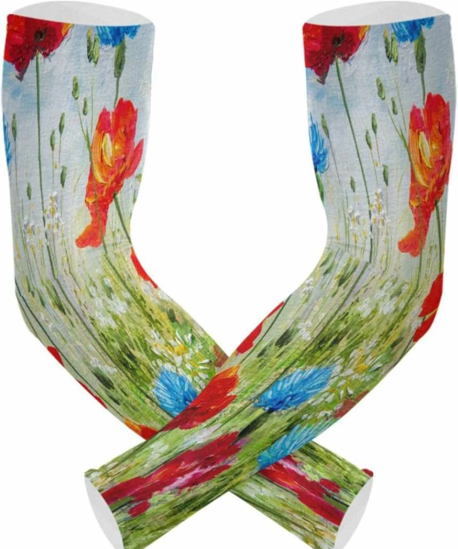 Dussdil UV Protection Cooling Arm Sleeves for Gardening & Farming - Spring Poppies Cornflowers Design with Thumb Hole for Men & Women