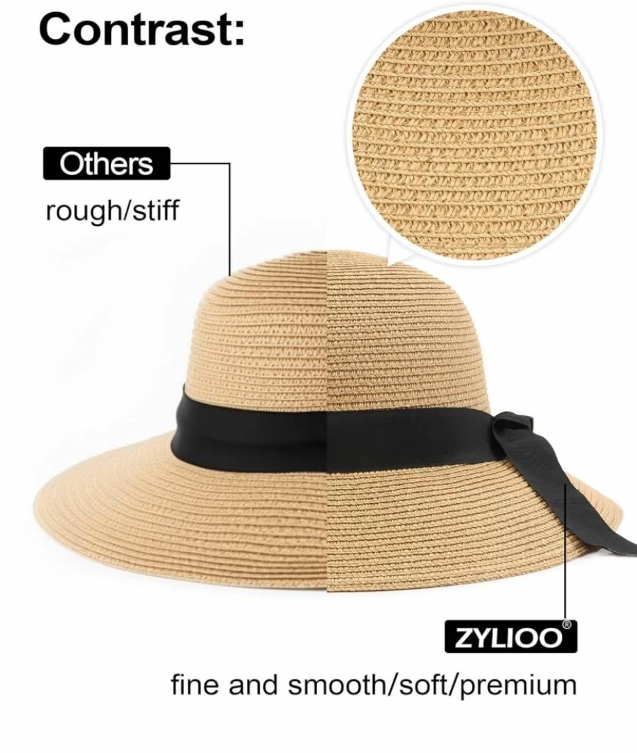 Zylioo Women's Wide Brim Straw Sun Hat UPF 50+ Floppy Beach Hat for Summer - S/M/L/XL/2XL Sizes