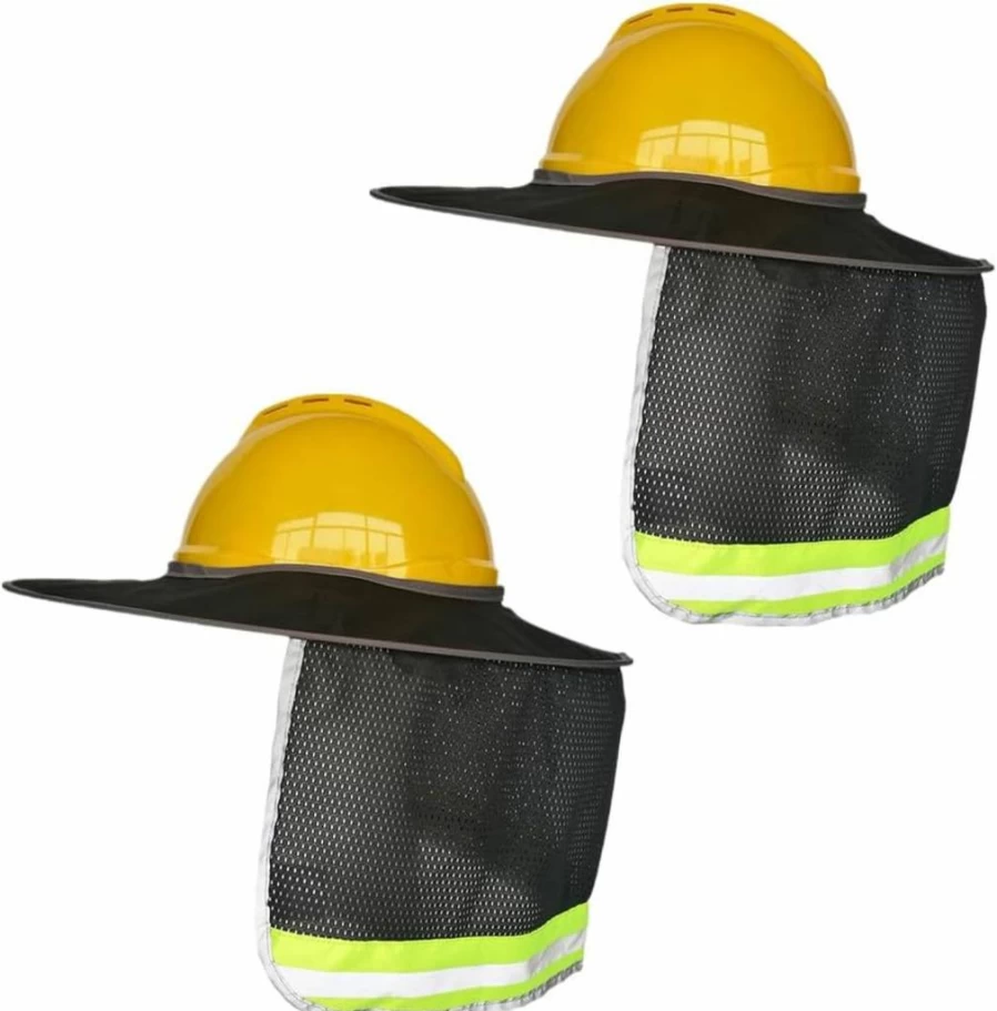 XIAKE 2 Pack Hard Hat Sun Shade with Full Brim, Mesh Neck Shield & Reflective Strips - High Visibility Yellow Safety Helmet Accessory