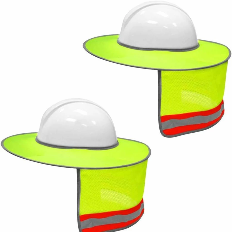 XIAKE 2 Pack Hard Hat Sun Shade with Full Brim, Mesh Neck Shield & Reflective Strips - High Visibility Yellow Safety Helmet Accessory