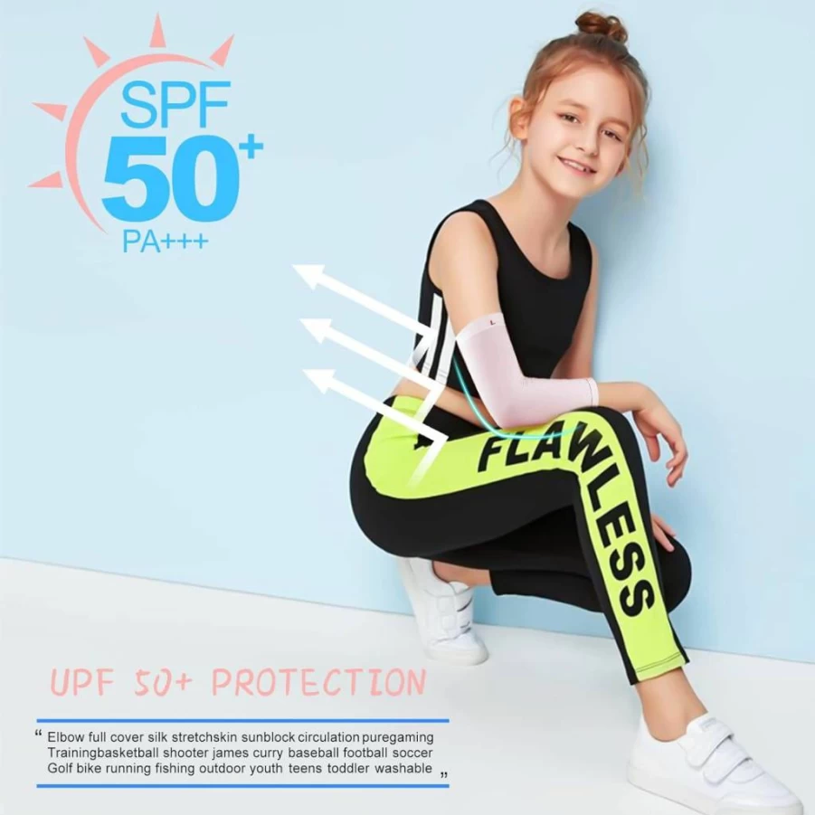 Luwint Kids UV Sun Protection Arm Sleeves (2 Pairs) - Cooling Sun sleeves for Boys & Girls Ages 4-12, White & Pink