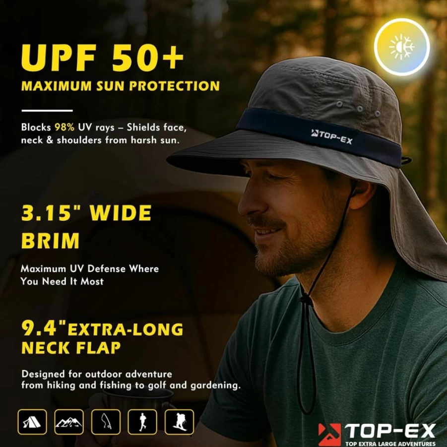 TOP-EX UPF 50+ Wide Brim Sun Hat with Neck Flap - Breathable Cooling Hat for Hiking, Fishing & Outdoor Activities