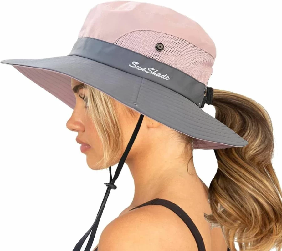 YCMI Women's Wide Brim Summer Sun Hat UV Protection Foldable Beach Bucket Hat with Ponytail Hole for Outdoor Fishing Travel