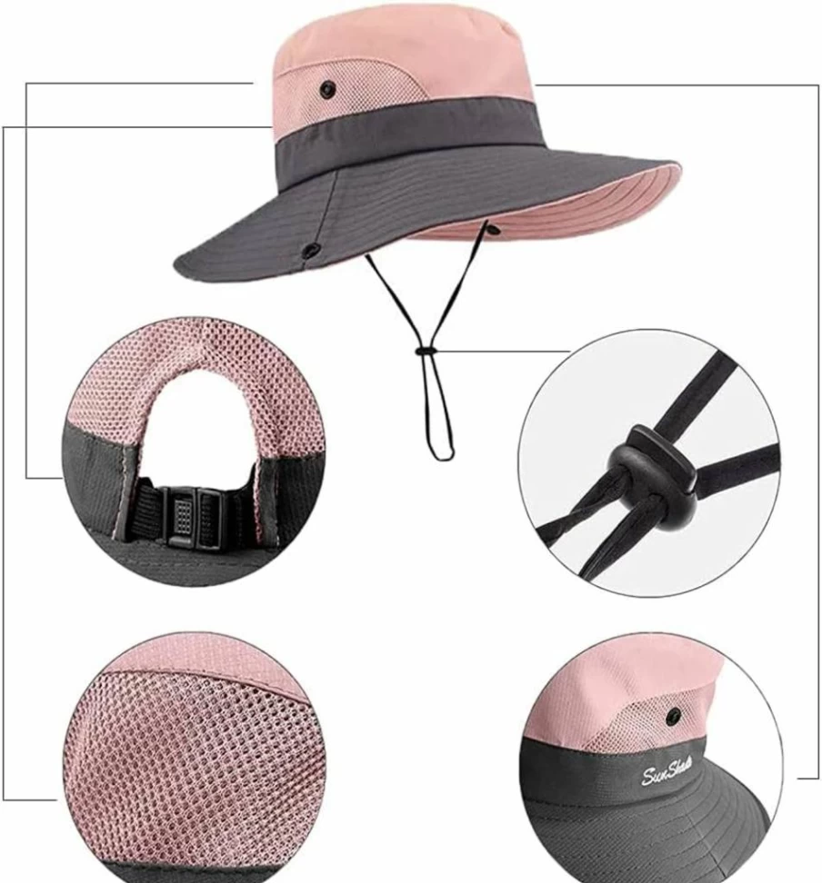 YCMI Women's Wide Brim Summer Sun Hat UV Protection Foldable Beach Bucket Hat with Ponytail Hole for Outdoor Fishing Travel