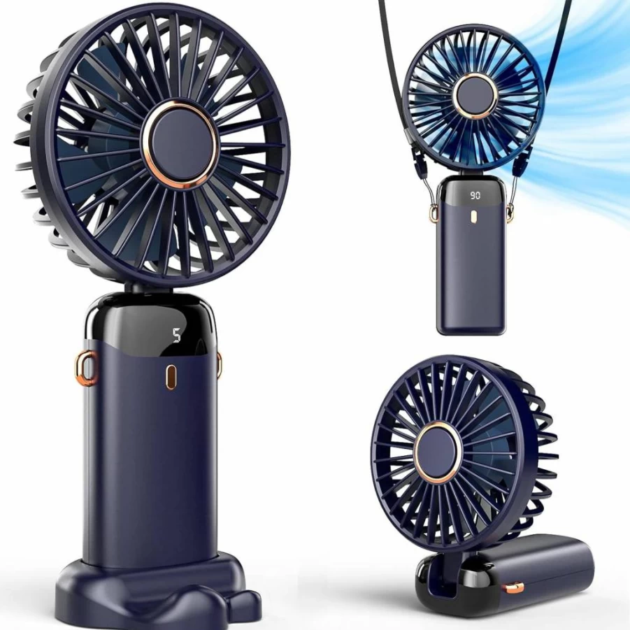 Koonie Rechargeable Handheld Fan with Digital Display, 5 Speed Settings, 90° Adjustable Head, 8-Hour Battery Life for Indoor & Outdoor Use
