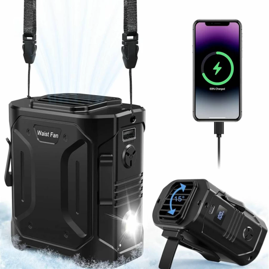 TrekkingLamb Portable Rechargeable Waist Fan with 10000mAh Battery, 5 Speed Settings, 15 Air Vents, Hands-Free Clip On Design, SOS Flashlight for Outdoor, Travel, and Work